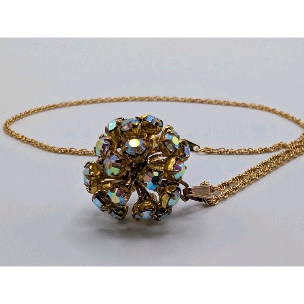 Vintage Gold Tone Link AB Aurora Borealis Crystal Bead Ball Pendant Necklace - Picture 8 of 10